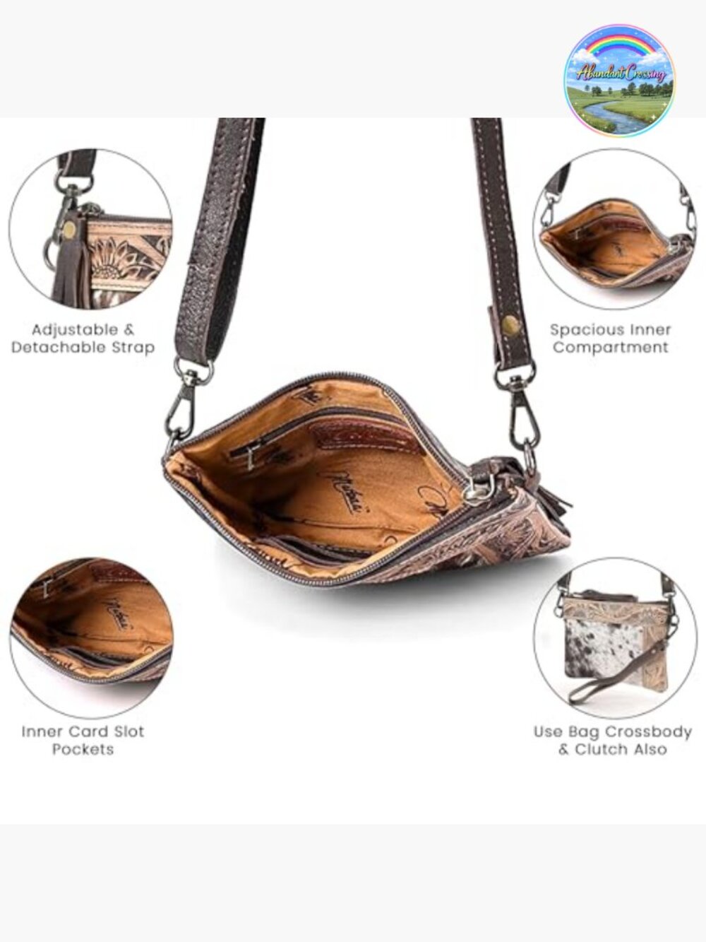 Natural Cowhide Leather Shoulder Bag Crossbody with Adjustable Strap - Picture 5 of 7